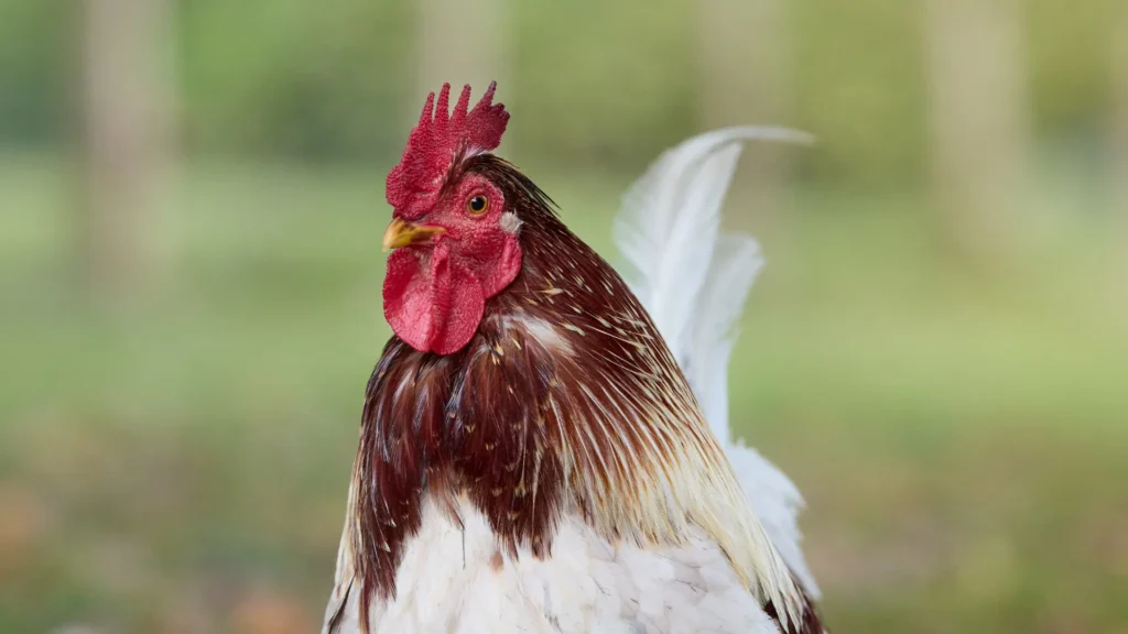 Single hen with bright red combs and wattles showing good health and nutrition, Chicken Combs and Wattles 101 by Thomas Moore Feed
