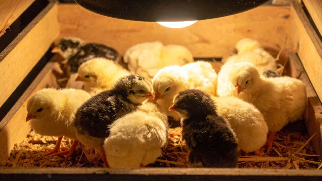 Raising baby chicks for beginners in a warm brooder under a heat lamp with bedding and young chicks gathered together.