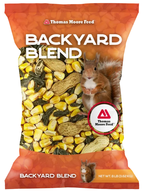 Thomas Moore Feed Backyard Blend 8 lb bag with seed mix and squirrel on orange packaging