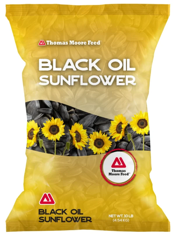 Thomas Moore Feed Black Oil Sunflower 10 lb bird seed bag with sunflower seed imagery and yellow packaging