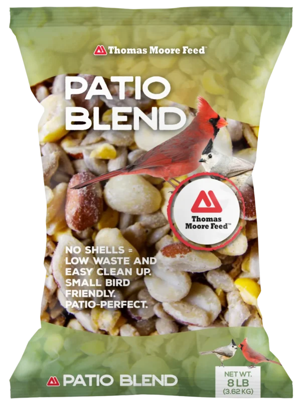 Thomas Moore Feed Patio Blend 8 lb bag with shelled seed mix and red cardinal on green packaging
