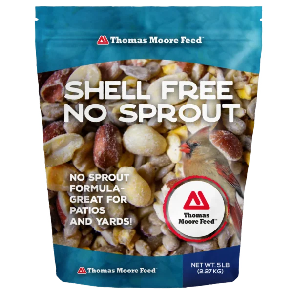 Thomas Moore Feed Shell Free No Sprout 5 lb bird seed pouch with no sprout formula and cardinal on blue packaging