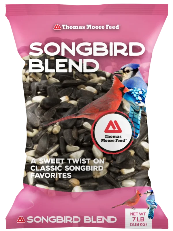 song bird blend seed pink bag with cardinal and blue jay.