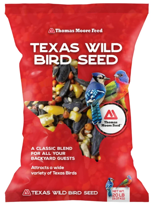 Thomas Moore Feed Texas Wild Bird Seed 20 lb bag with seed blend and colorful birds on red packaging