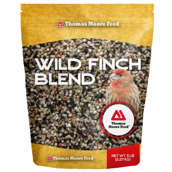 Thomas Moore Feed Wild Finch Blend 5 lb bird seed pouch with finch image and yellow packaging