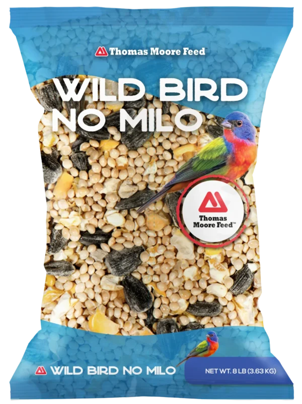 Thomas Moore Feed Wild Bird No Milo 8 lb bird seed bag with colorful bird and blue packaging