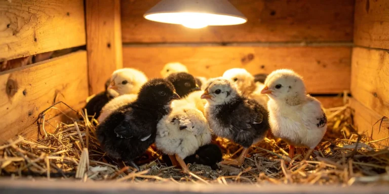 Brooder setup tips for healthy chicks under a heat lamp in a wooden brooder