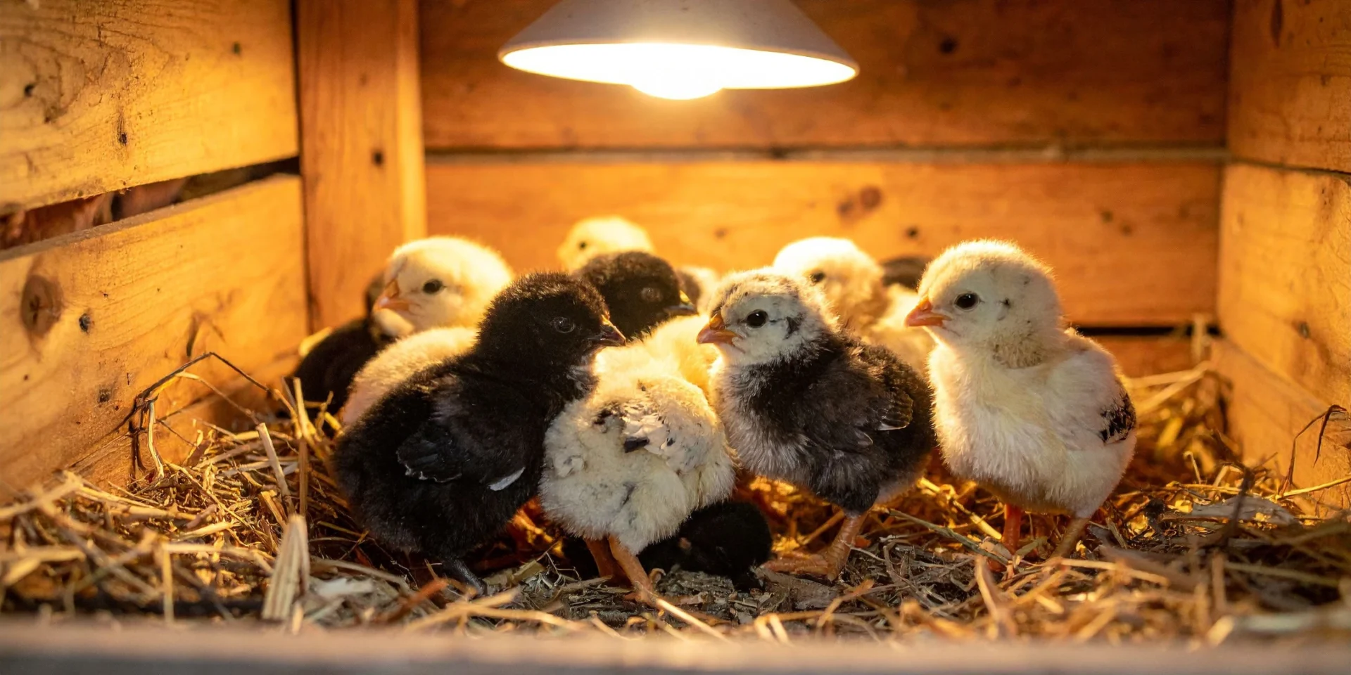 Brooder setup tips for healthy chicks under a heat lamp in a wooden brooder
